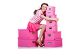 Foto: Young woman with storage boxes on white Young woman with storage boxes on white