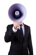 Young businessman with loudspeaker on white