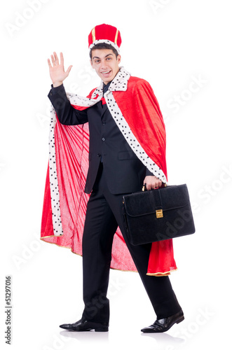 Photo: Businessman playing king isolated on white Businessman playing king isolated on white