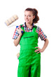 Woman painter with paintbrush on white