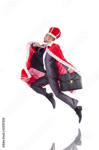 Photo: Businessman playing king isolated on white Businessman playing king isolated on white