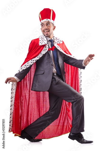 Photo: Businessman playing king isolated on white Businessman playing king isolated on white