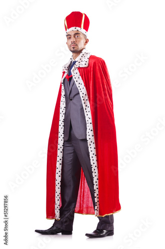 Photo: Businessman playing king isolated on white Businessman playing king isolated on white