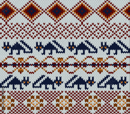 Vector: Knitted swatch in folk style with stylized foxes Knitted swatch in folk style with stylized foxes