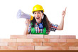 Woman with louspeaker near brick wall