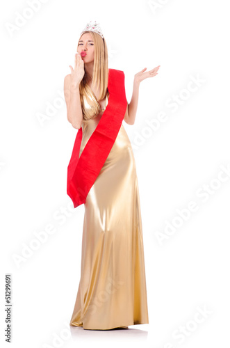 Photo: Beauty queen at contest isolated on white Beauty queen at contest isolated on white
