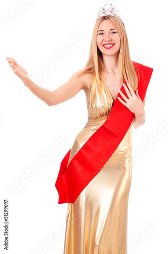 Photo: Beauty queen at contest isolated on white Beauty queen at contest isolated on white