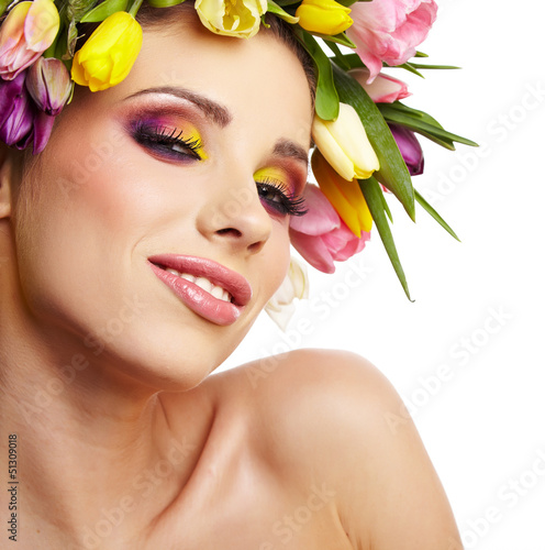 Photo: beauty woman portrait with wreath from flowers on head over whit beauty woman portrait with wreath from flowers on head over whit