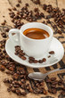 Espresso, coffee cup, spilled coffee beans