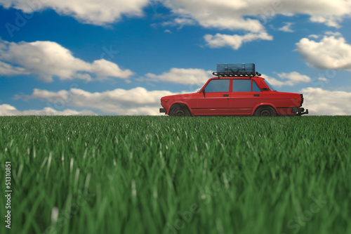 Illustration: Red retro car on vacation Red retro car on vacation
