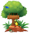 A turtle with a blue bird and a wooden signboard at the back