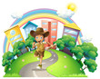 A boy running along the street