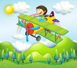 A young man riding in a colorful plane