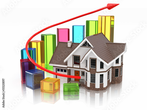 Illustration: Growth of real estate market House and graph. Growth of real estate market House and graph.