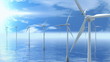 beautiful seagull flies between the wind turbines