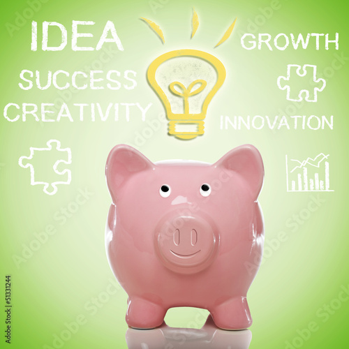Illustration: Piggy Bank with Idea Lightbulb Piggy Bank with Idea Lightbulb