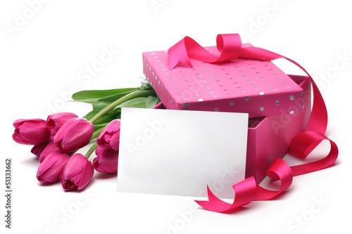 Photo: Pink tulips,blank card and gift box Pink tulips,blank card and gift box
