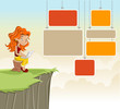 Cute redhead cartoon girl with laptop on green park