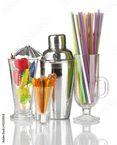 Photo: Cocktail shaker and other bartender equipment isolated on Cocktail shaker and other bartender equipment isolated on