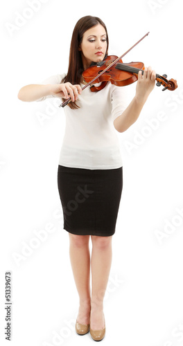 Photo: Beautiful young girl with violin, isolated on white Beautiful young girl with violin, isolated on white