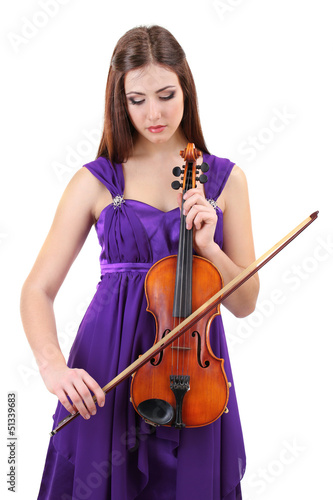Photo: Beautiful young girl with violin, isolated on white Beautiful young girl with violin, isolated on white