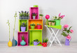Beautiful colorful shelves with decorative elements standing in