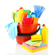 Cleaning items in bucket isolated on white