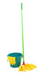 Mop, plastic bucket and rubber gloves, isolated on white