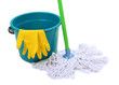 Photo: Mop, plastic bucket and rubber gloves, isolated on white Mop, plastic bucket and rubber gloves, isolated on white