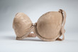 Stylish beige bra on white background
