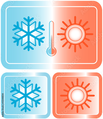 Vector: set button with snowflake, sun and thermometer silhouette set button with snowflake, sun and thermometer silhouette
