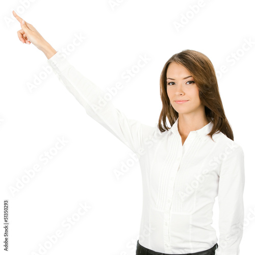 Photo: Businesswoman showing something, isolated Businesswoman showing something, isolated