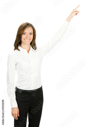 Photo: Businesswoman showing something, isolated Businesswoman showing something, isolated