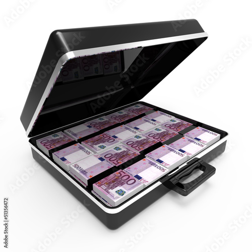 Illustration: Briefcase with Euro banknotes side view Briefcase with Euro banknotes side view