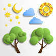 Set of icons. Paper cut design. Sun, moon, stars, tree, clouds
