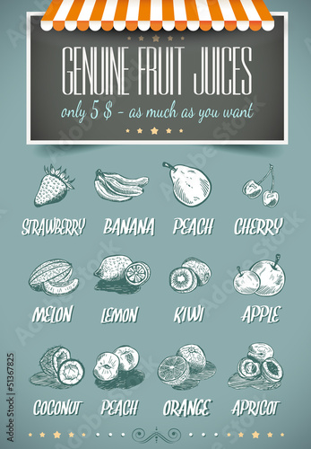 Vector: Retro style template for genuine fruit juices menu Retro style template for genuine fruit juices menu