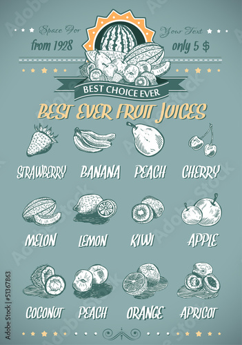 Vector: Retro style template for genuine fruit juices menu Retro style template for genuine fruit juices menu