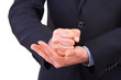 Businessman gesturing with both hands.