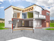 Modern house in the section, visible interior infrastructure