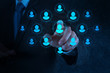 businessman hand points human resources, CRM and social media