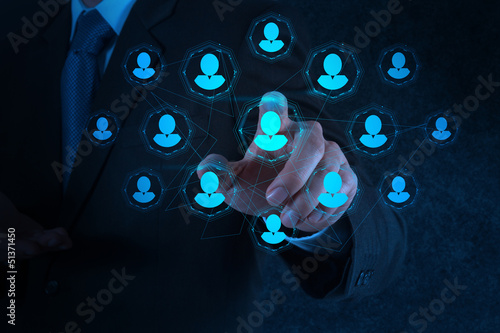 Photo: businessman hand points human resources, CRM and social media businessman hand points human resources, CRM and social media