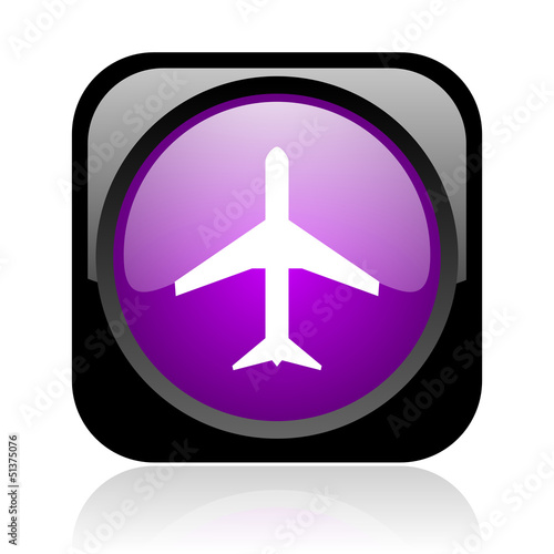 Illustration: airplane black and violet square web glossy icon airplane black and violet square web glossy icon