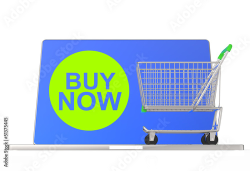 Illustration: buy now on laptop computer with cart buy now on laptop computer with cart