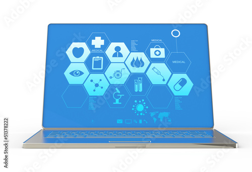 Illustration: 3d modern laptop computer and medical interface 3d modern laptop computer and medical interface