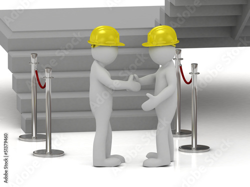 Illustration: Two 3d man in yellow construction helmets shaking hands Two 3d man in yellow construction helmets shaking hands
