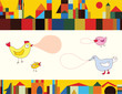 Funny birds and city background banner