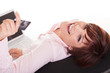 happy  beautiful woman holding credit card and  laptop