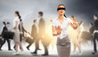 Businesswoman in blindfold among group of people