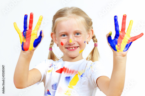 Photo: happy child with paint on the hands happy child with paint on the hands