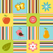 Patchwork background with flowers, bird, pear and apple